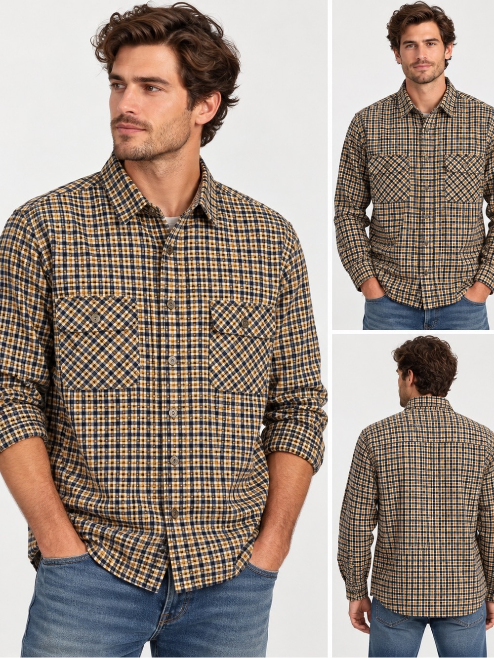 Prefab Sportswear Men's Plaid Button-Up Shirt - Navy & Tan Size S 100% Cotton